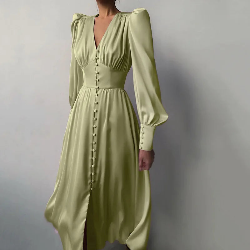 2025 spring new satin dress women's design lantern sleeves waist thin European and American temperament slim dress