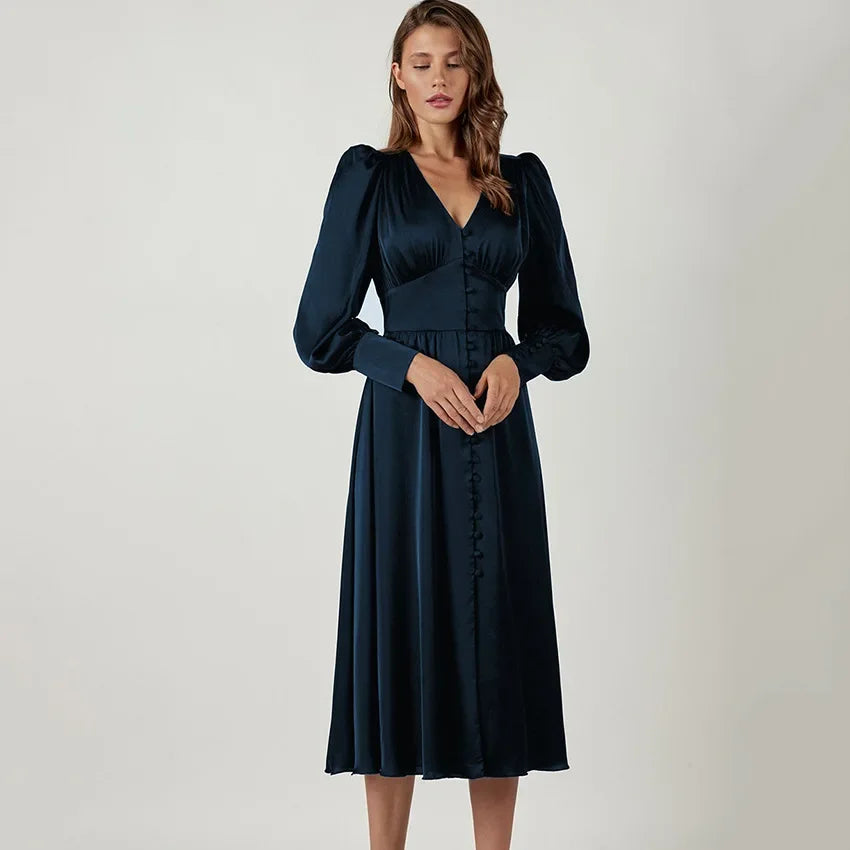 2025 spring new satin dress women's design lantern sleeves waist thin European and American temperament slim dress