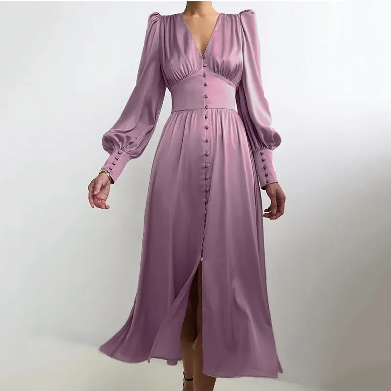 2025 spring new satin dress women's design lantern sleeves waist thin European and American temperament slim dress