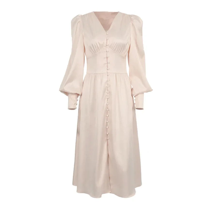 2025 spring new satin dress women's design lantern sleeves waist thin European and American temperament slim dress