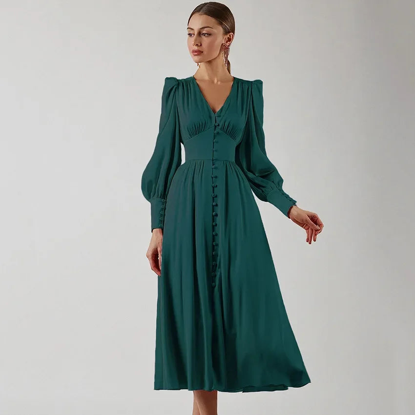 2025 spring new satin dress women's design lantern sleeves waist thin European and American temperament slim dress