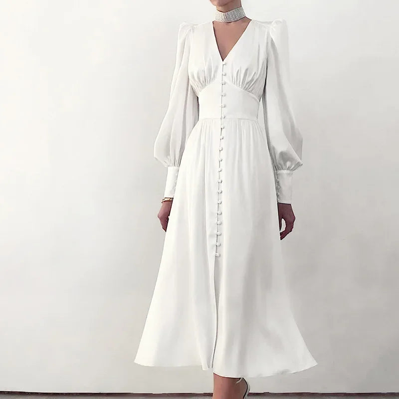 2025 spring new satin dress women's design lantern sleeves waist thin European and American temperament slim dress