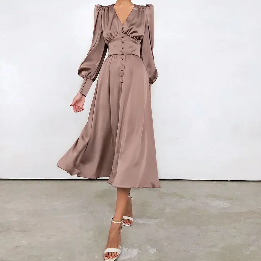 2025 spring new satin dress women's design lantern sleeves waist thin European and American temperament slim dress