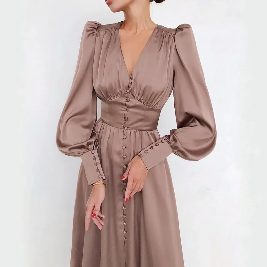 2025 spring new satin dress women's design lantern sleeves waist thin European and American temperament slim dress