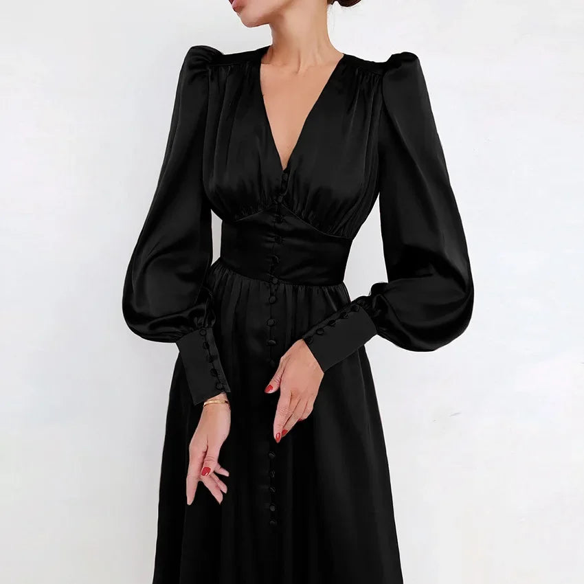 2025 spring new satin dress women's design lantern sleeves waist thin European and American temperament slim dress