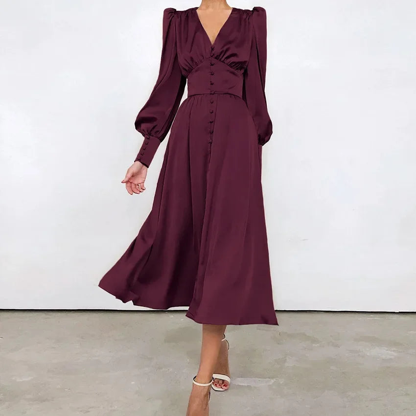 2025 spring new satin dress women's design lantern sleeves waist thin European and American temperament slim dress