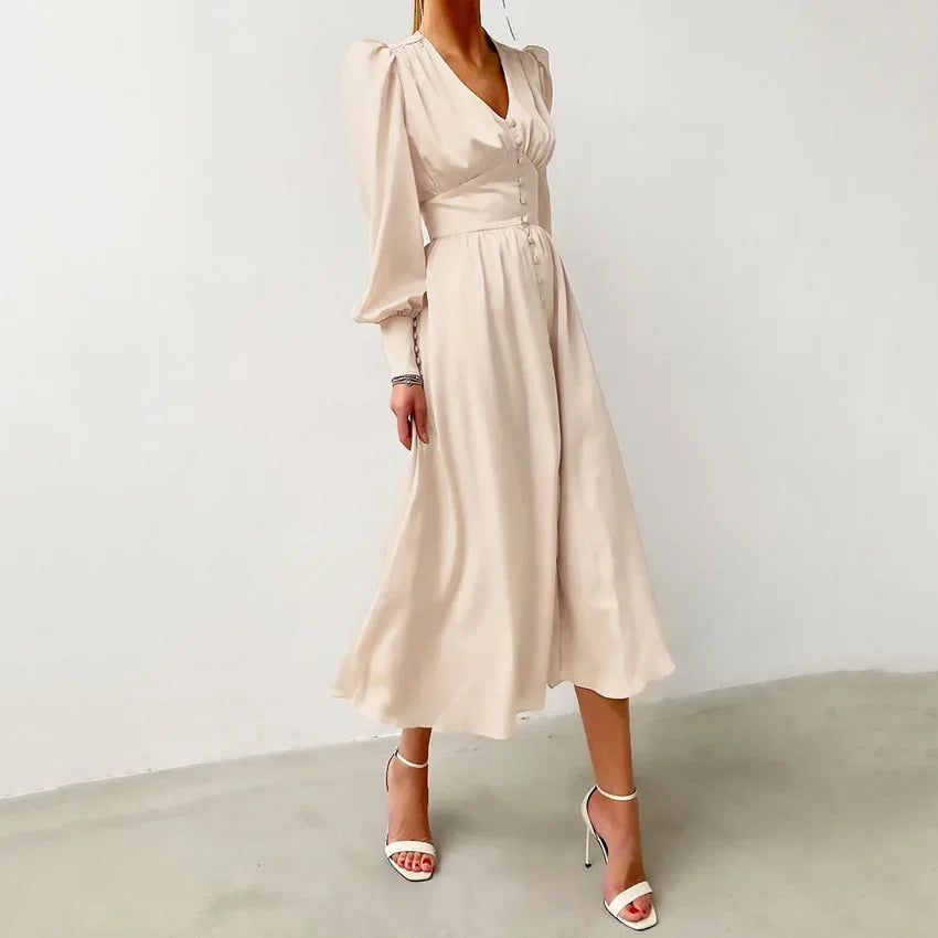 2025 spring new satin dress women's design lantern sleeves waist thin European and American temperament slim dress