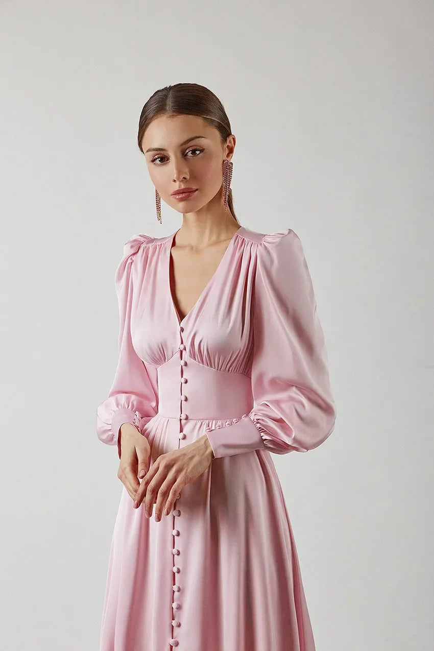 2025 spring new satin dress women's design lantern sleeves waist thin European and American temperament slim dress