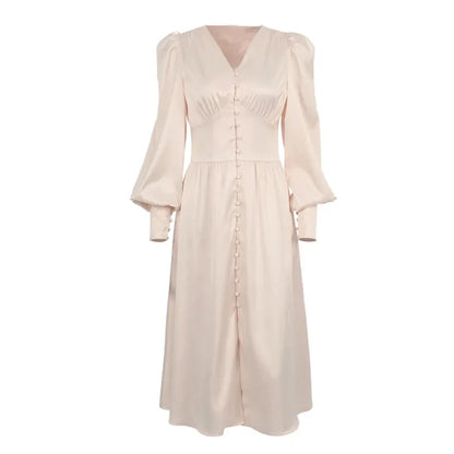 2025 spring new satin dress women's design lantern sleeves waist thin European and American temperament slim dress