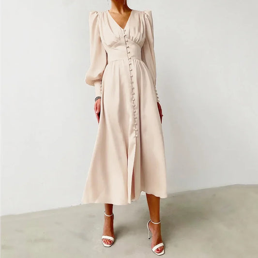 2025 spring new satin dress women's design lantern sleeves waist thin European and American temperament slim dress