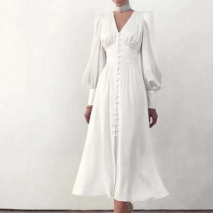2025 spring new satin dress women's design lantern sleeves waist thin European and American temperament slim dress
