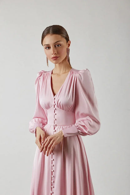 2025 spring new satin dress women's design lantern sleeves waist thin European and American temperament slim dress